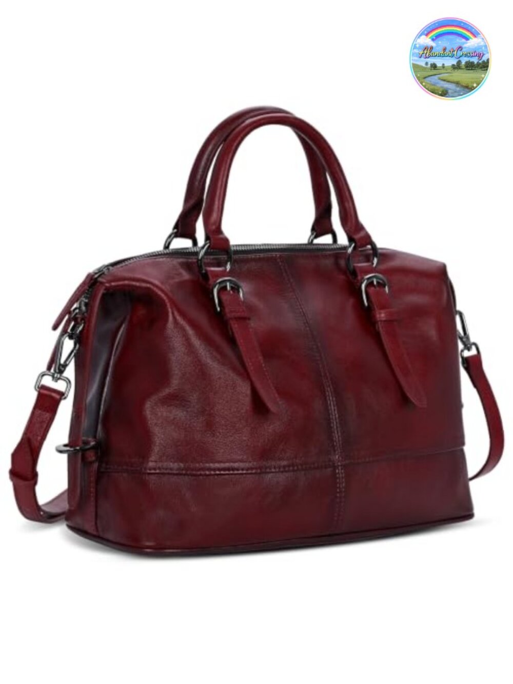 HESHE Top-Grain Cowhide Leather Satchel Shoulder Bag with Detachable Strap